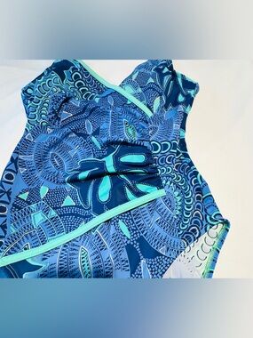 Tara Grins Blue Teal Gold Paisley One-Piece Overlay Swimsuit Made in USA 12